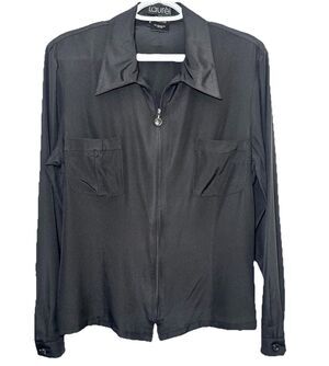 Laurel 100% Silk Black Zip Front Blouse Jacket Womens 40 Minimalist Career US 8